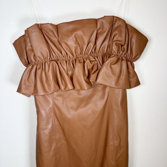 DO + BE Faux Leather Dress Size L Tan Camel Off‑Shoulder Ruffle Mini Dress - Picture 5 of 15